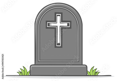 Stylized Tombstone Illustration with Christian Cross Symbol Marking Cemetery Grave, Standing in Green Grass for Remembrance