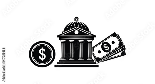 Black and white illustration of a bank building with money and coins