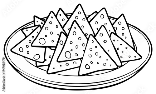 Triangular corn chips snack serving on a plate line art drawing perfect for children's coloring book and restaurant logo design project
