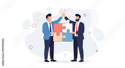 Businessmen high five completing puzzle, teamwork, success, partnership, collaboration concept