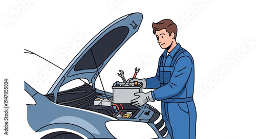 Mechanic holding car engine.