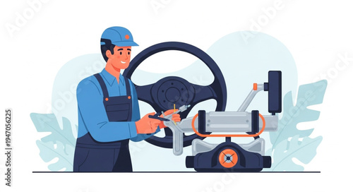 Mechanic holding steering wheel.