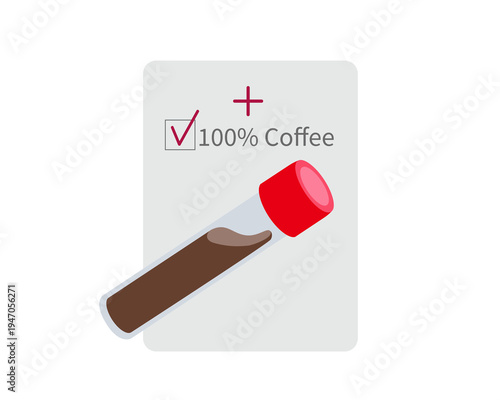 Laboratory test tube with blood sample, on lab form written one hundred percent coffee. Vector illustration. Medical humor combining blood test and coffee obsession. Test tube with dark liquid.