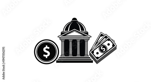 Black and white illustration of a bank with money and a dollar sign