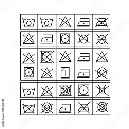 Detailed grid of international laundry care label symbols