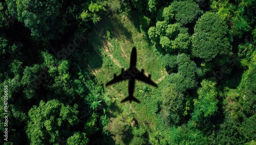 Aerial View of Airplane Silhouette Flying Over Lush Green Forest Canopy.