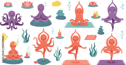 Cute octopus yoga cartoon set practicing meditation poses with lotus stones candles underwater wellness mindfulness marine animal vector illustration