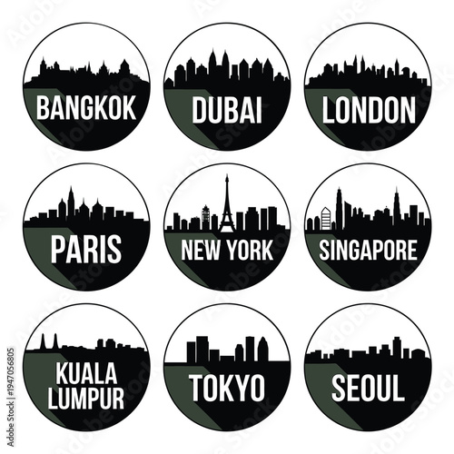 City skylines in circular badges bangkok dubai london and more