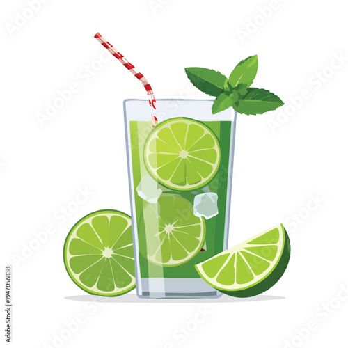 Refreshing lime cocktail with mint and ice cubes on white background