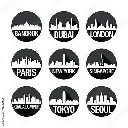City skylines in circular emblems Bangkok Dubai London and more