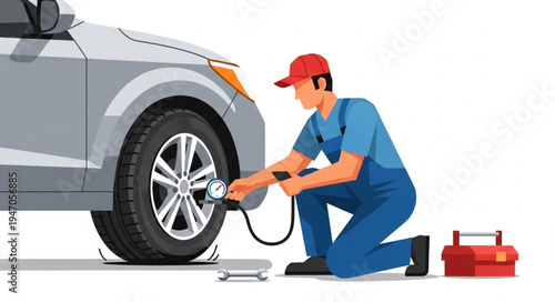 Mechanic inflating car tire.