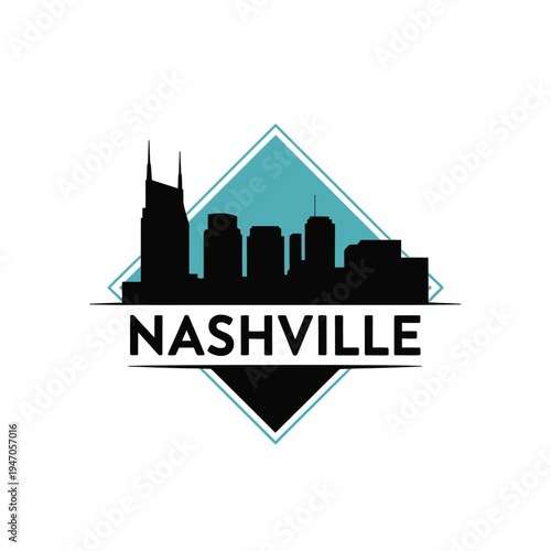 Nashville skyline silhouette inside a teal diamond with city name