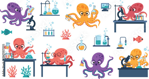 Cute octopus scientist cartoon set doing chemistry experiments with microscope flasks test tubes underwater laboratory marine animal vector illustration