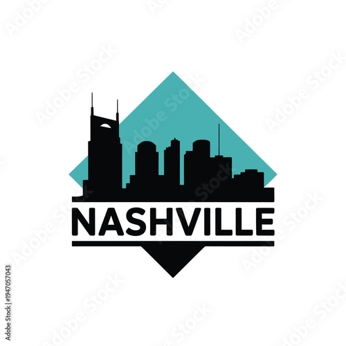 Nashville skyline graphic with a teal diamond shape background