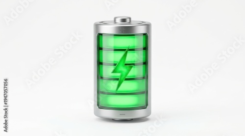 A green battery icon with a lightning bolt symbol on a white background, representing energy and power.