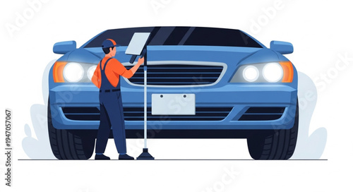 Mechanic Inspecting Blue Car.