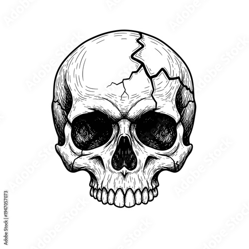 Cracked and broken human skull vintage engraving style