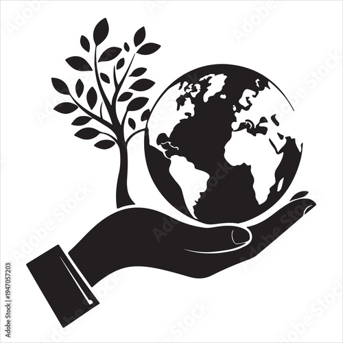 A hand holding a green globe map concept represents global environmental care and the business of nature protection to save the blue planet earth