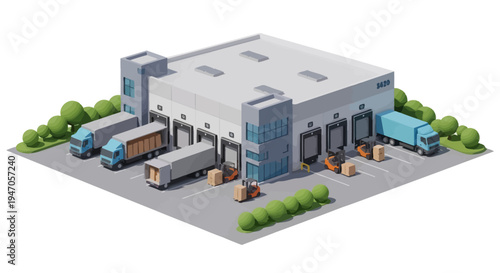 Modern 3D Isometric Logistics Warehouse with Trucks and Forklifts. Distribution Center, Supply Chain & Global Delivery Operations on White.