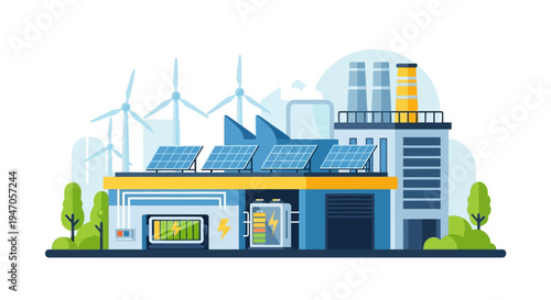 Sustainable Energy Plant: Solar Panels, Wind Turbines & Battery Storage for Green Power Generation