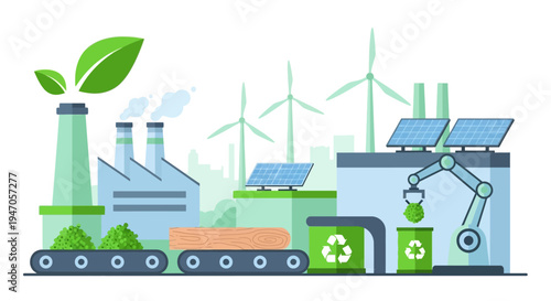 Sustainable Green Factory: Eco-Friendly Manufacturing Process with Renewable Energy (Solar, Wind) & Recycling. Clean Industry Technology Concept.