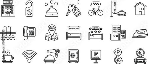 Hotel and Hospitality Icon Set Featuring Rooms, Services, Parking, Wi-Fi, and Travel Amenities for Accommodation and Travel Designs