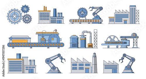 Industrial Factory and Production Line Icons Set. Modern Machinery, Robotic Arms, Conveyors, and Gear Elements for Manufacturing and Automation Concepts.