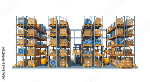 Modern Industrial Warehouse with Pallet Racks, Cardboard Boxes, and Forklifts - Logistics and Supply Chain Management Illustration