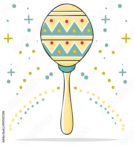 Vibrant maraca with geometric designs surrounded by confetti and festive decorations creates a playful image.