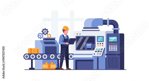 Industrial Manufacturing: Worker Supervising Automated Production Line with Advanced Machinery