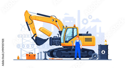 Industrial Excavator Maintenance and Repair Service with Mechanic. Heavy Construction Equipment Inspection and Technical Support Illustration.