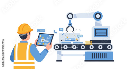 Engineer Using Augmented Reality Tablet to Monitor Automated Manufacturing Line, Industry 4.0 Smart Factory Technology
