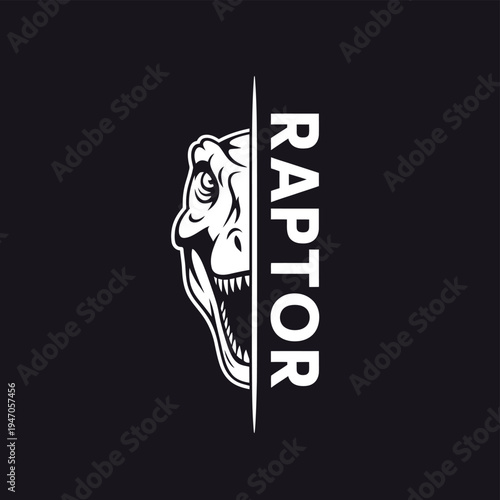 A striking graphic of a raptor dinosaur head with bold text