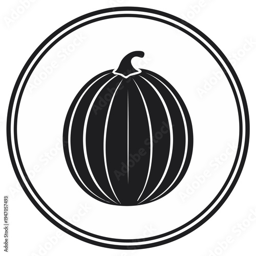 Monochrome pumpkin illustration in a double circle on white background, simple flat vector art