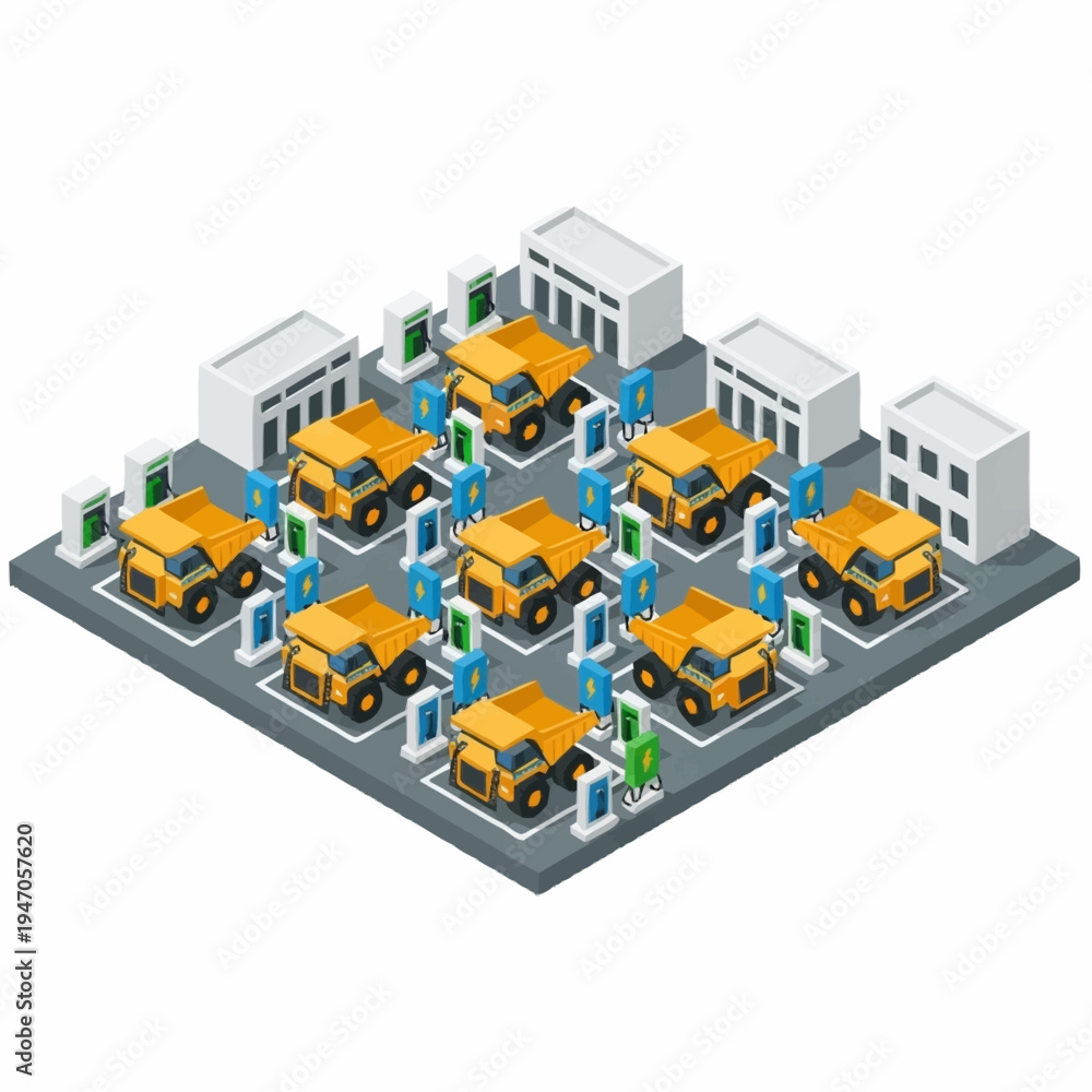 Fototapeta premium Isometric Autonomous Mining Trucks Charging Station Network.
