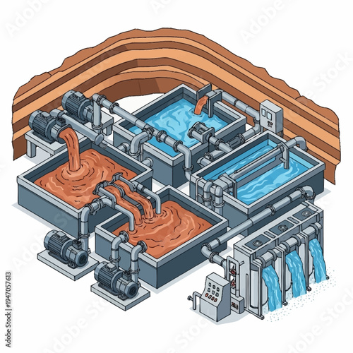 Industrial water treatment plant with multiple tanks and filtration systems.