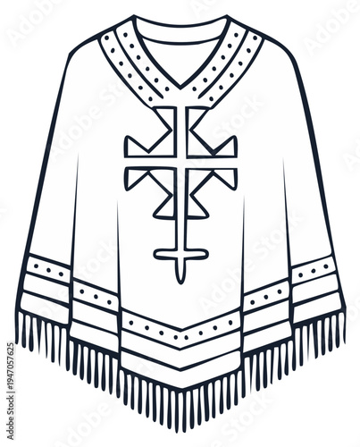 Traditional South American Poncho Outline with Geometric Cross Design and Fringe