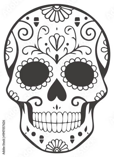 Ornate Black and White Sugar Skull Decoration with Floral Patterns