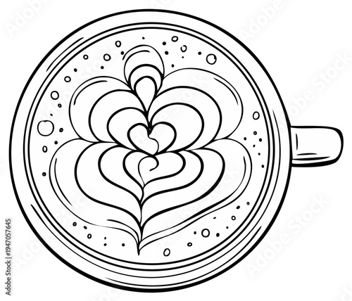 Artistic coffee drink with elaborate latte art design in a white cup viewed from above