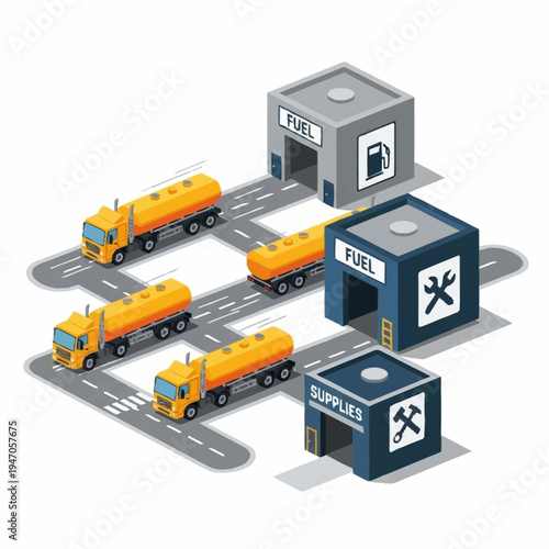 Isometric Fuel and Supplies Distribution Network with Tanker Trucks.