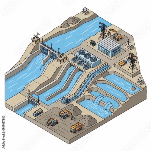 Isometric illustration of a hydroelectric power plant with dam and water flow.