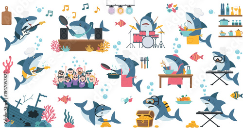 Cute shark cartoon activity set playing music cooking diving treasure hunting underwater adventure marine animal vector illustration collection