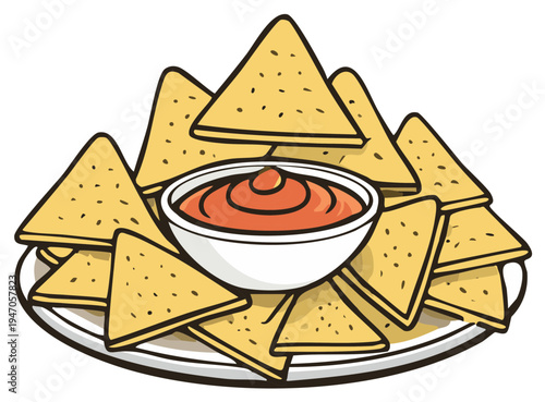 Pile of crispy tortilla chips arranged on a plate with salsa in a white bowl