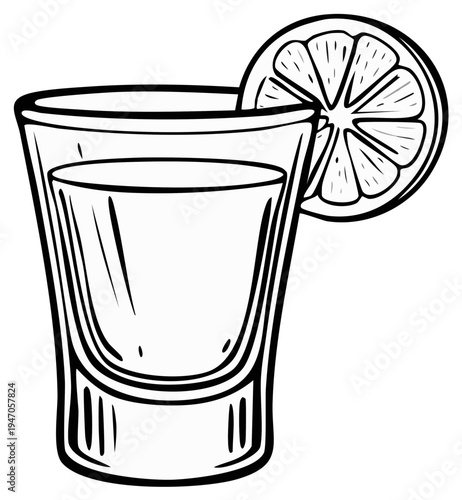 Hand drawn illustration of a clear alcoholic shot drink with a lime wedge garnish in a glass.