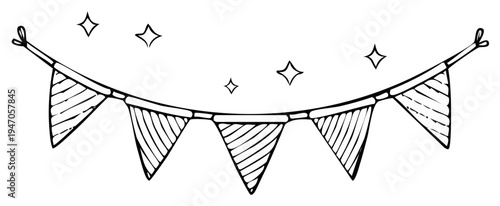 Festive garland banner with star decorations, hand-drawn black and white design element