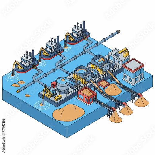 Isometric illustration of a sand mining and processing operation with ships and conveyors.