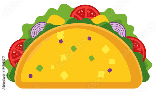 Colorful Delicious Hard Shell Taco Filled with Fresh Vegetables and Cheese Illustration