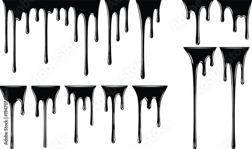 Black liquid drip set vector illustration, paint ink slime dripping shapes collection, abstract splash design elements isolated on white background