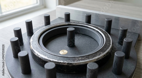 Circular peg board with metal ring on tabletop by window