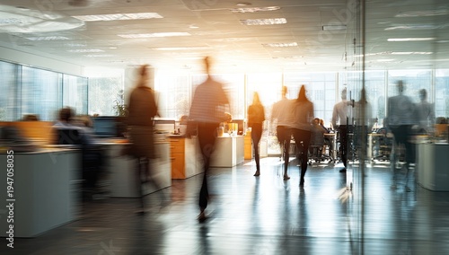 Blurred motion of business people walking in a modern office environment with sunlight.